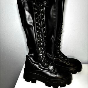 Knee High Combat Platform Boots Lace Up Black Chunky Faux Leather Grunge - 7.5